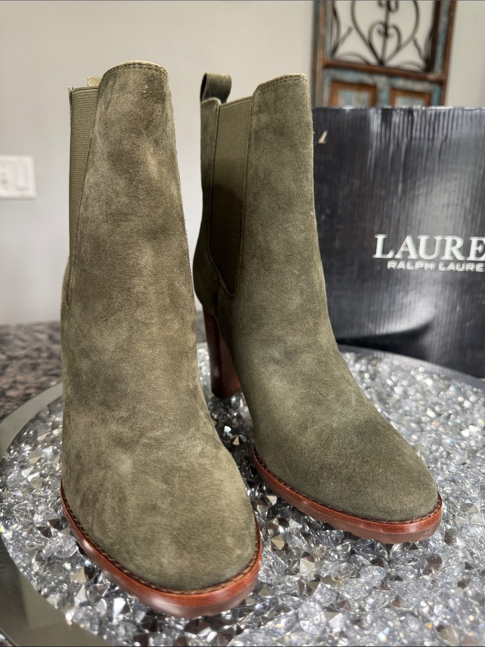Ralph Lauren Olive Suede Stacked Heel Chelsea Boot NEW 6 - Picture 6 of 15